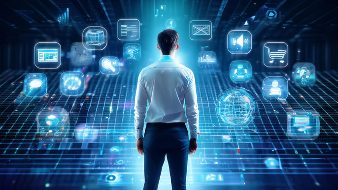 A person stands in a futuristic digital environment, facing multiple glowing digital icons, including shopping carts, social media symbols, and data graphs, representing digital marketing and consumer behavior in the modern tech-driven landscape.