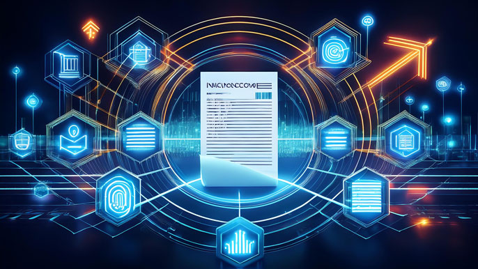 A glowing digital invoice surrounded by icons representing financial documents, payment methods, and receipts, symbolizing the flow of money and the importance of accurate invoicing in business operations.