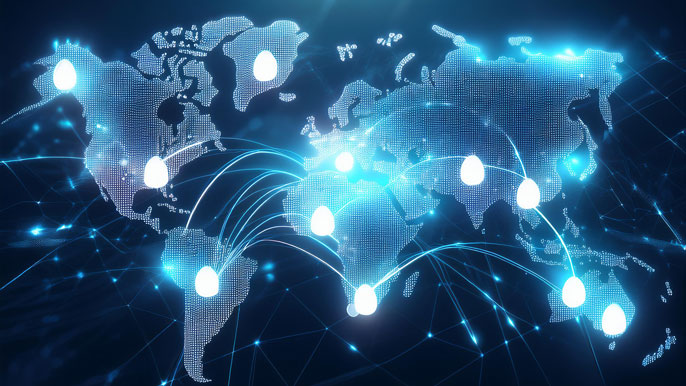 A digital world map with glowing blue nodes and interconnected pathways, symbolizing a global blockchain network and data connections.