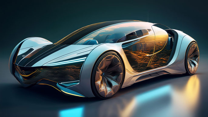 A futuristic, shape-shifting car with a sleek design, adapting its form to enhance aerodynamics and efficiency on different terrains.