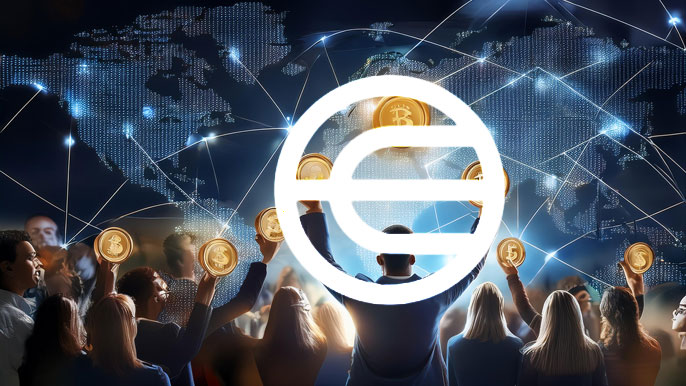 Worldcoin logo over a global map with interconnected nodes, surrounded by diverse individuals holding glowing cryptocurrency tokens.