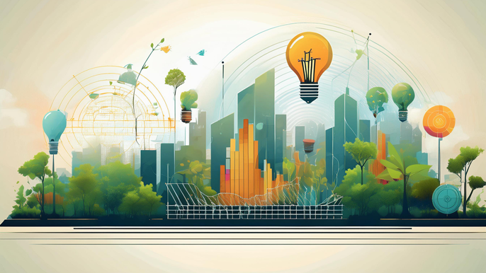 Abstract image symbolizing entrepreneurship at any age, featuring growing plants, financial charts, and light bulbs, representing innovation, growth, and new beginnings in a modern business landscape.