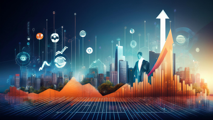 Abstract image representing small business growth, featuring financial charts, digital marketing icons, and a modern cityscape, symbolizing innovation, strategy, and business success.