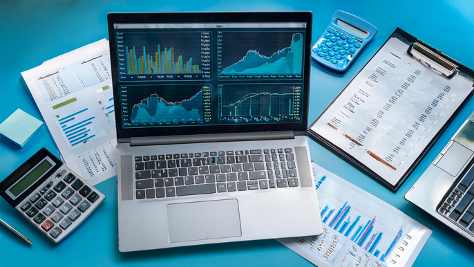 Business desk with a laptop displaying financial charts and graphs, surrounded by documents, a calculator, and cash flow statements, representing money inflow and outflow management.