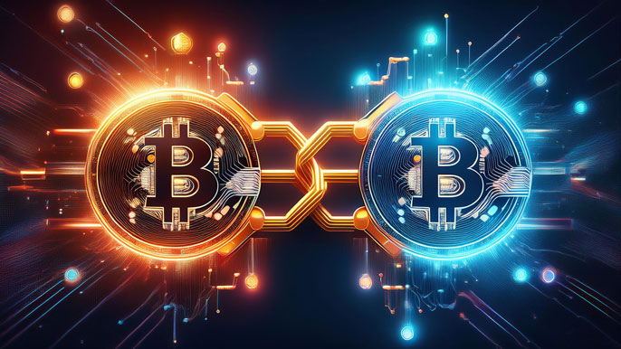 A visual representation of a Bitcoin fork, showing two Bitcoin coins connected by a digital blockchain pathway, symbolizing the split into two separate cryptocurrencies.