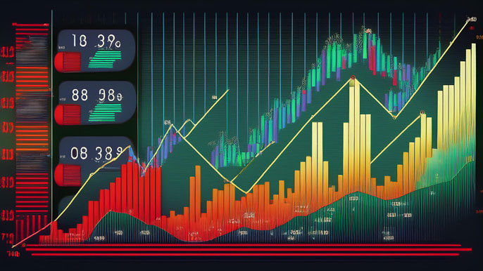 A colorful infographic showing key stock market indicators, including P&L and 52-week price range, with rising bars and performance charts.