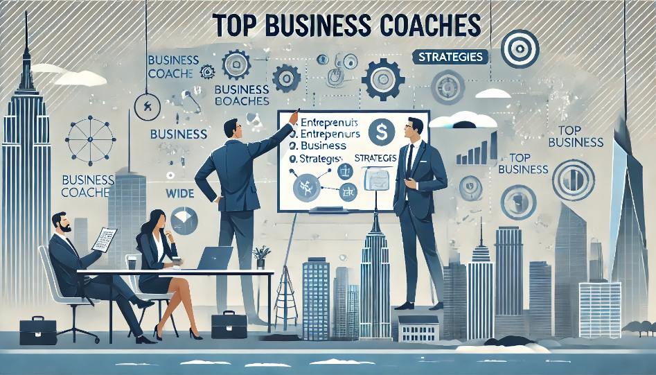 A professional business coach guiding entrepreneurs with a whiteboard of strategies, set against a city skyline, symbolizing leadership and business success.