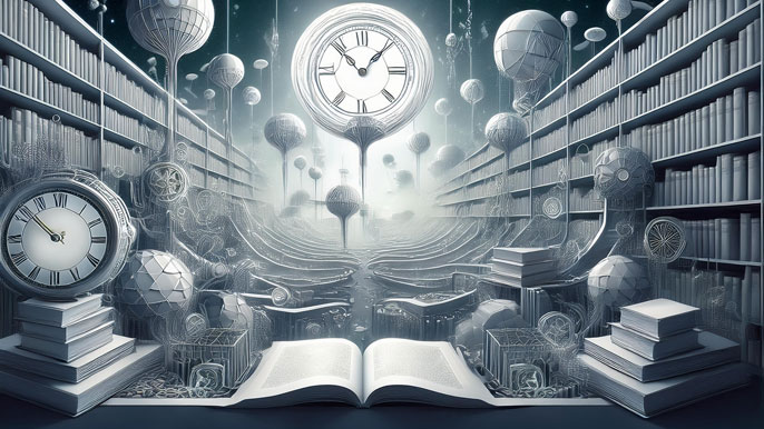 A surreal library scene where floating clocks and geometric shapes hover above endless rows of books. In the center, a large, glowing clock towers over an open book, symbolizing the intersection of knowledge and time.