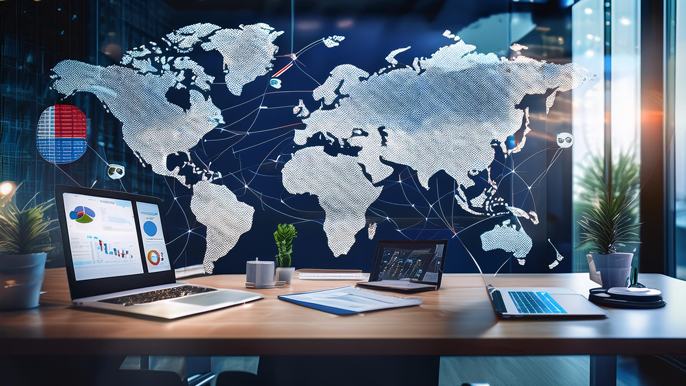 Modern office desk with laptops displaying charts and global market data, with a world map in the background showing interconnected lines representing international business operations.