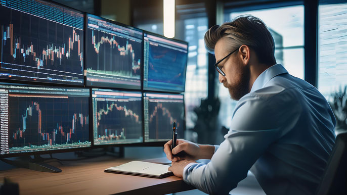 A focused trader analyzing market charts on multiple monitors with a notebook and pen, illustrating discipline and strategy.