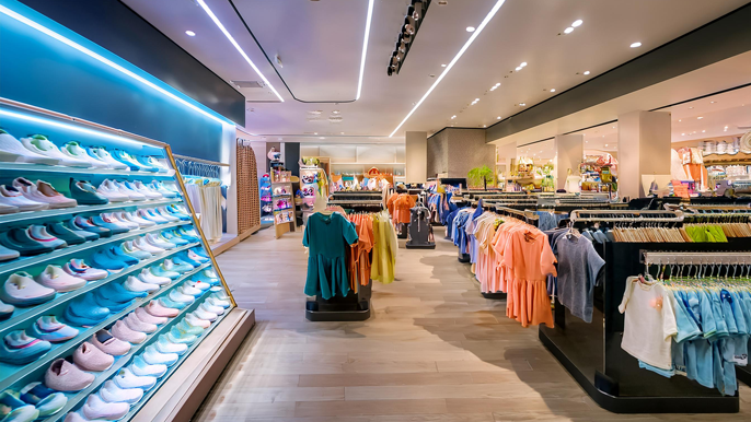 A modern baby clothing retail store in 2025, displaying a variety of colorful baby outfits and footwear with sleek, organized racks and eco-friendly, minimalist design.