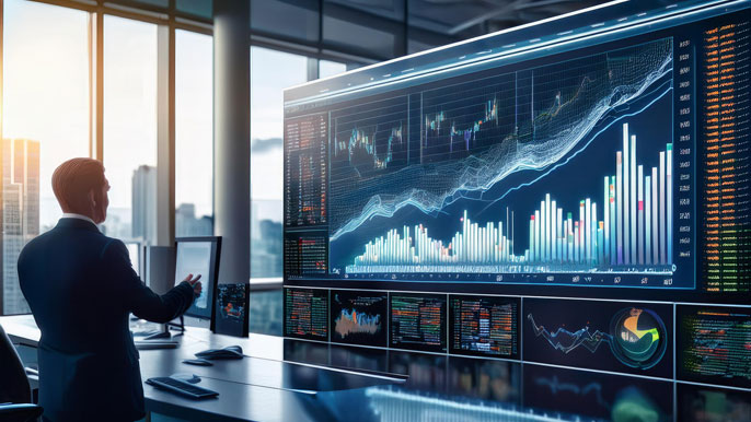 A financial professional analyzing a large digital screen displaying mutual fund growth, highlighting key metrics such as fund size, expense ratio, and alpha in a modern office setting.