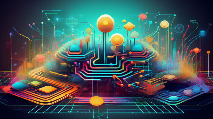 A vibrant, abstract digital mind map with interconnected nodes and lines, representing AI-generated flow charts and network diagrams for organizing complex business ideas and processes.