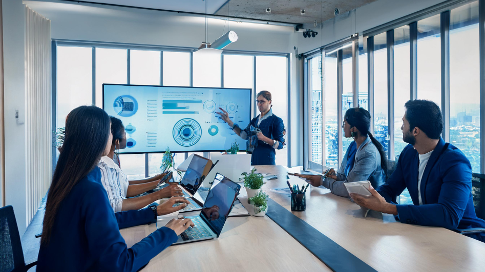 A group of entrepreneurs in a modern office setting, engaged in a meeting with laptops and a large screen displaying data-driven insights, representing the use of AI in collaborative business planning and growth.