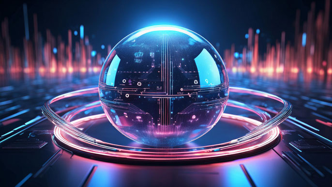 Glowing digital sphere symbolizing Qubetics' advanced blockchain technology and innovation in decentralized finance.