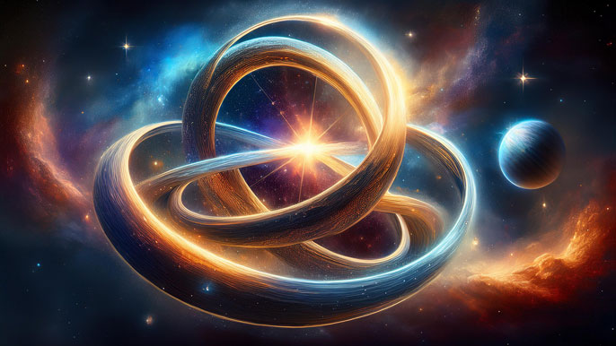 Interlocking cosmic rings symbolizing the interconnected forces in the FOE (Framework of Everything) against a vibrant galaxy background.