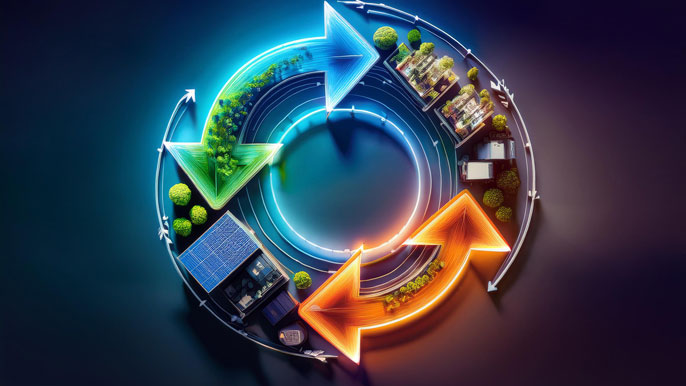 Illustration of a circular economy concept with glowing arrows symbolizing the transformation of neglected resources, showing waste, renewable energy, and repurposed materials being converted into valuable assets