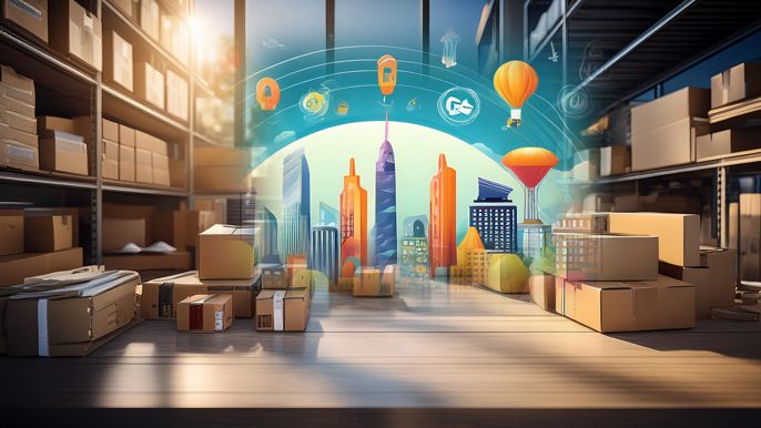 Abstract image symbolizing starting a small business, featuring a warehouse of packages, vibrant cityscape, and icons representing digital tools, e-commerce, and service-based businesses.