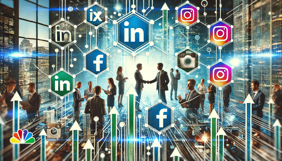 Business professionals networking through LinkedIn, Facebook, X, Instagram, Reddit, and Clubhouse icons, with a digital cityscape and growth symbols in the background.