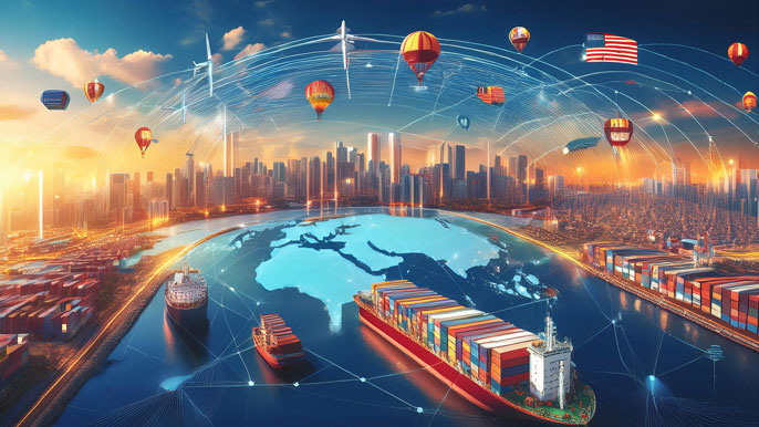 Global trade scene with cargo ships, airplanes, and country flags over trade routes, symbolizing international commerce.