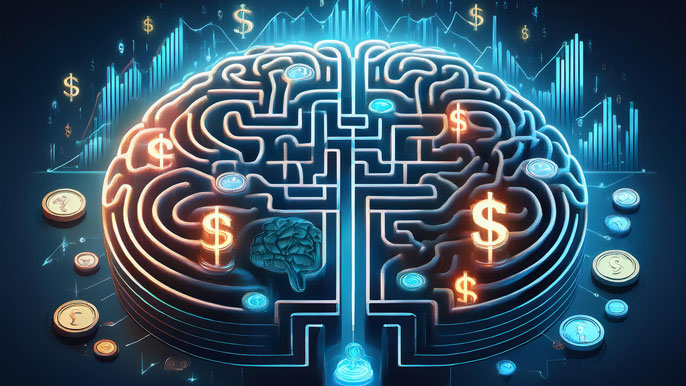 A brain-shaped maze filled with dollar signs, stock charts, and financial symbols, symbolizing the complex relationship between psychology and financial decision-making in behavioral finance.