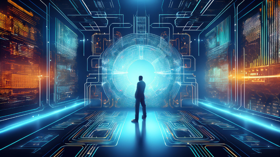 Futuristic digital interface representing AI-driven decision-making, with an entrepreneur standing in front of glowing data streams and circuits, symbolizing the integration of AI logic in business strategy and automation.