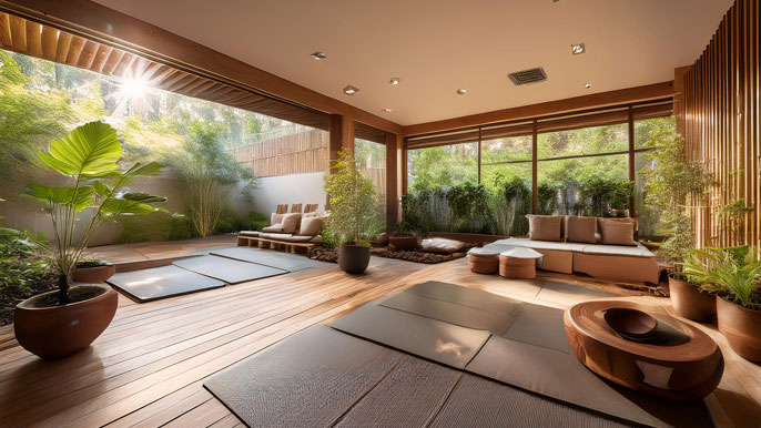 A peaceful co-living wellness space featuring a meditation room with large windows, natural light, and indoor plants, creating a serene atmosphere for relaxation and health-focused living.