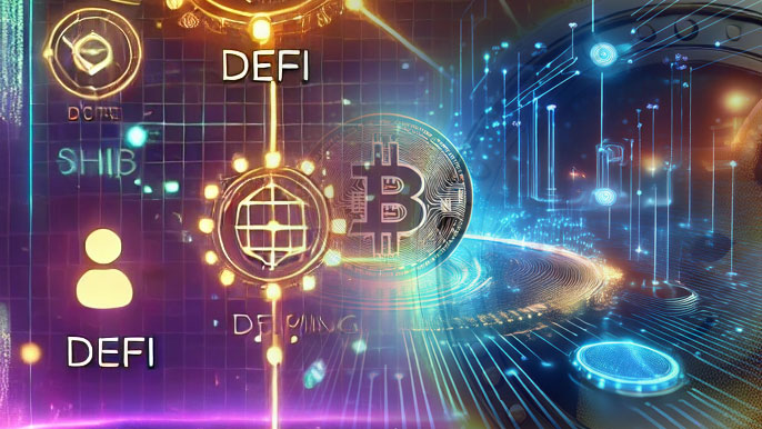 Abstract representation of Shiba Inu's (SHIB) role in DeFi, with digital connections and blockchain elements highlighting its potential growth in decentralized finance.