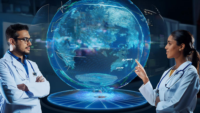 Scientists analyzing a holographic 3D globe displaying climate and medical data, symbolizing the use of advanced technology in research.