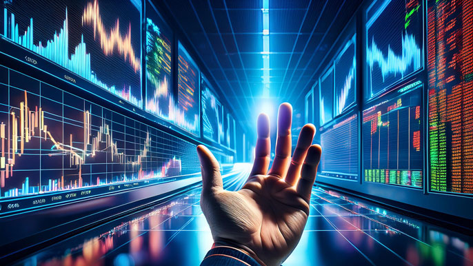 A translucent hand reaching towards glowing stock symbols on a futuristic stock market screen, symbolizing the secretive nature of insider trading and its impact on market fairness.