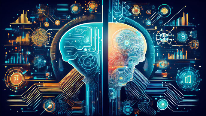 A split image showing a brain with circuit board patterns on one side and scientific research data on the other, symbolizing the combination of engineering and science expertise in the role of a CTO.