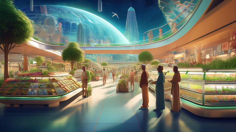 A futuristic shopping environment in 2025, featuring eco-friendly products, digital displays, and a green, sustainable marketplace with a focus on natural elements and innovative architecture.