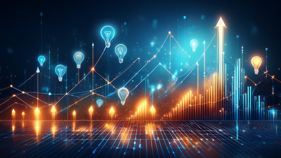 Lightbulbs and upward arrows symbolizing business insights, success, and market growth, with charts and graphs representing progress and innovation.