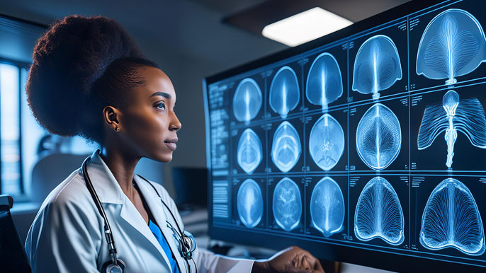 A doctor examines medical images on a screen, where a Convolutional Neural Network highlights specific areas for analysis, showcasing CNN’s role in medical diagnostics.