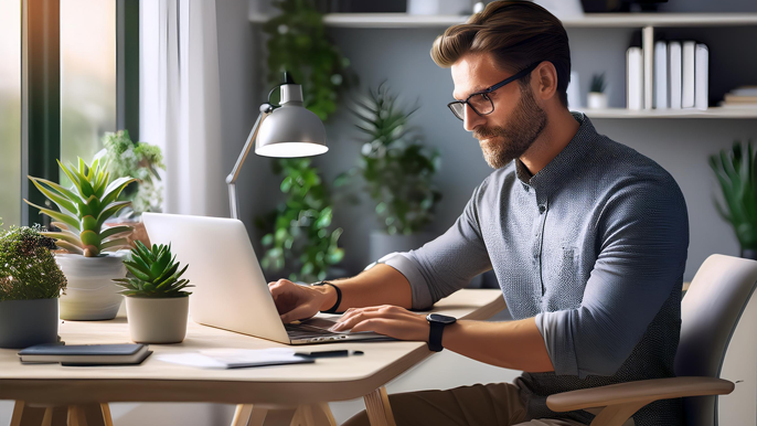 A man working from home at a desk with a laptop, surrounded by plants and natural light, reflecting a productive and comfortable remote work environment.