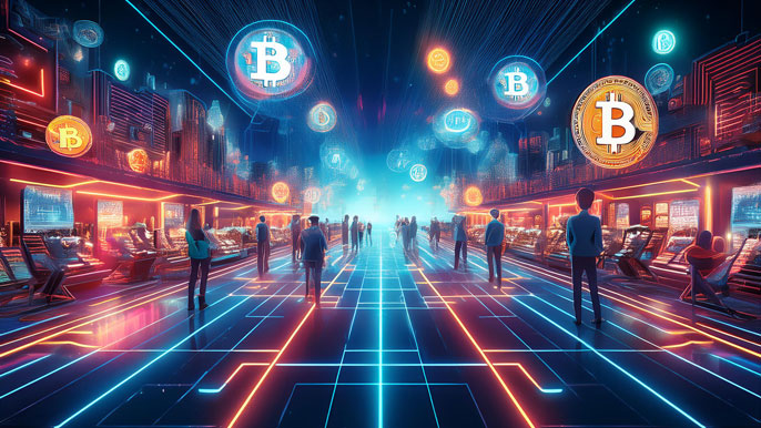 A futuristic virtual marketplace in the metaverse, filled with digital avatars interacting and conducting transactions, with glowing Bitcoin logos floating above.