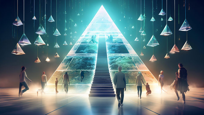 People walking toward a glowing, translucent pyramid in a bright space, symbolizing the journey toward societal progress, equality, and enlightenment, guided by social scientists.