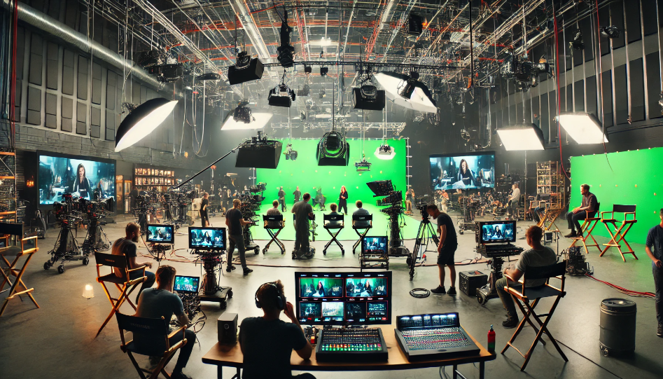 Wide view of a modern film production studio with cameras, lights, a green screen, and technicians working, while a director gives instructions to actors in the center.