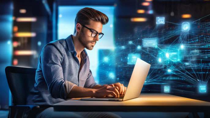 A freelancer working on a laptop, with a glowing blockchain network in the background symbolizing secure and instant cryptocurrency payments.