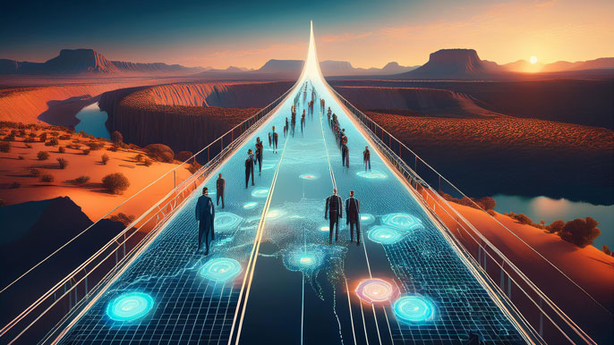 A futuristic digital bridge with glowing pathways connecting continents to Australia, symbolizing global investors accessing the Australian stock market.