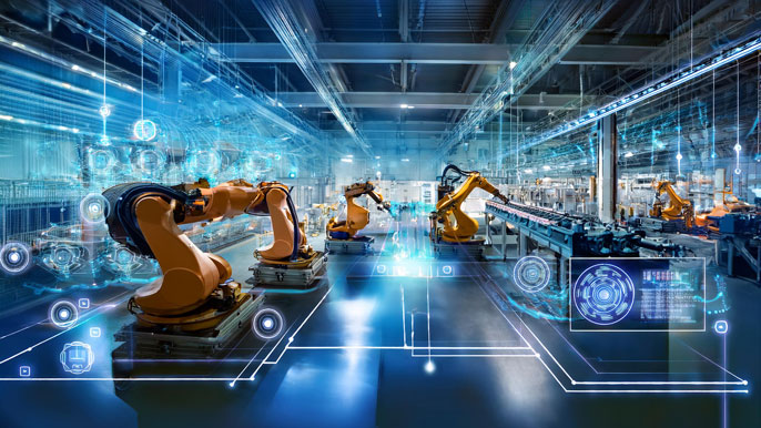 Smart factory showcasing robotic arms on an automated assembly line with IoT devices and holographic data displays, representing the advancements of Industry 4.0.