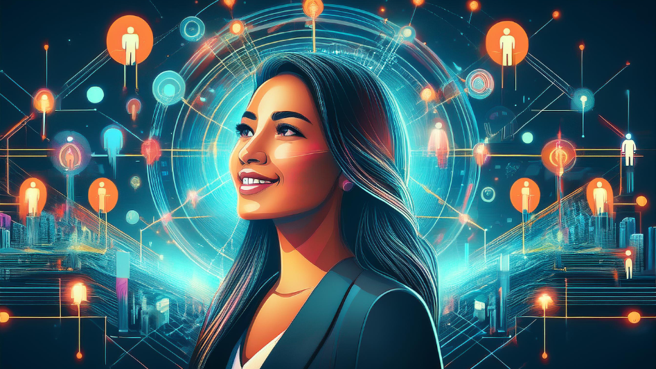 Abstract image representing customer connection strategies, with glowing icons, digital connections, and a businesswoman symbolizing engagement and innovation in building customer relationships.