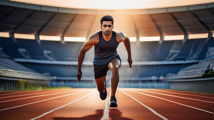 An athlete training with focus and determination on a track, symbolizing discipline, endurance, and resilience, mirroring the entrepreneurial journey toward success.