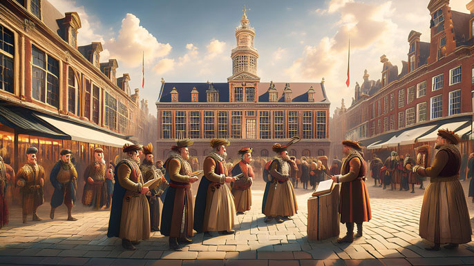 A bustling scene at the 17th-century Amsterdam Stock Exchange, with traders in period clothing exchanging documents in front of a grand building. The square is filled with merchant activity, capturing the early days of organized stock trading.