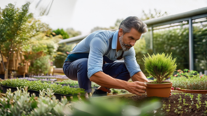 A gardener carefully tending to plants in a vibrant garden, symbolizing the patience, care, and nurturing required to cultivate business growth, much like entrepreneurship.