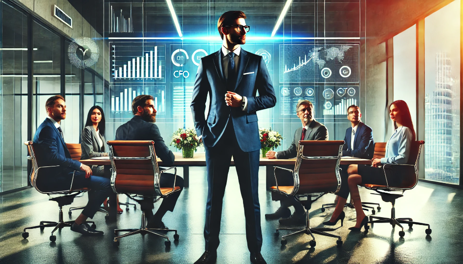 A wide image showing a CEO leading a meeting with other C-suite executives, including the COO, CFO, and CTO, in a modern office. They are discussing business strategy, with charts and data visible in the background.