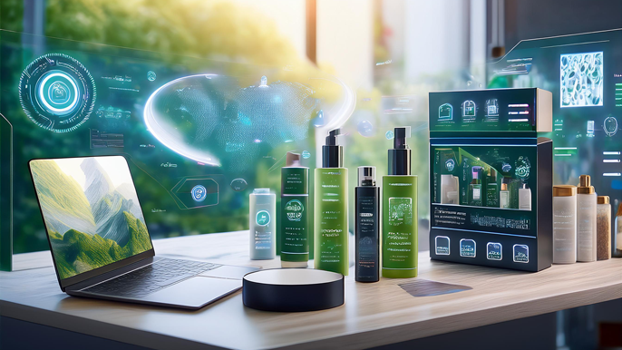 Eco-friendly cosmetic products displayed alongside a laptop showing personalized beauty routines and digital innovation, symbolizing the future trends of sustainability and customization in the cosmetic small business industry in 2025