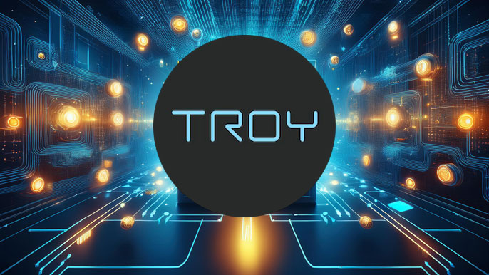 TROY cryptocurrency logo displayed over a futuristic digital trading ecosystem with glowing blockchain nodes and interconnected networks.