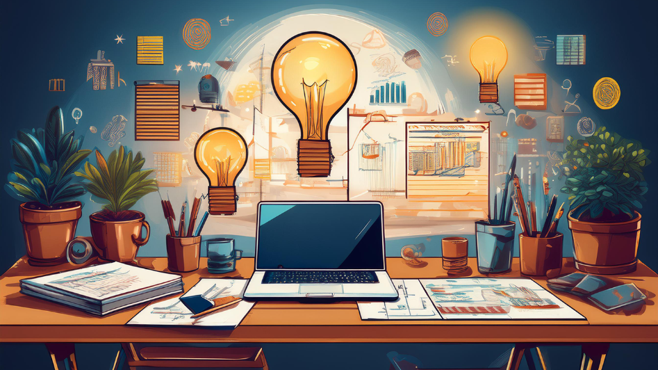 A creative workspace with a desk filled with notebooks, a laptop, sketches, and plants, surrounded by glowing light bulbs symbolizing innovation and ideas coming to life in a business setting.