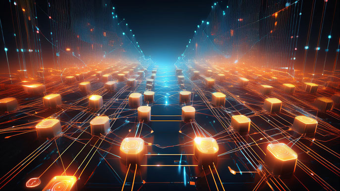 Abstract visualization of Eigenlayer's restaking mechanism with interconnected nodes and glowing pathways, symbolizing decentralized security and scalability.